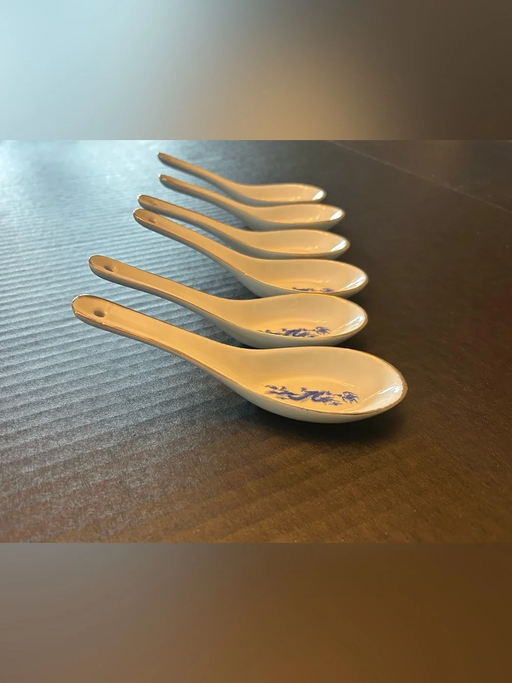 Vintage Chinese Glass Soup Spoons Painted BLUE DRAGON DESIGN Taiwan LOT OF 6 ROC